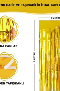 Ekstra Metalize Parlak Saçaklı Arka Fon Perde Gold
