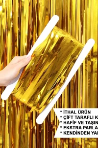 Ekstra Metalize Parlak Saçaklı Arka Fon Perde Gold