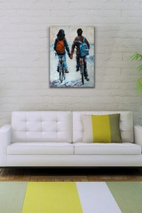 Elele Bisiklet Süren Sevgililer Yağlıboya Kanvas Tablo 50 x 70