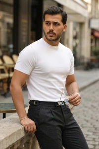 Erkek Basic Bisiklet Yaka Kısa Kollu Triko Tişört - %100 Pamuk Akrilik