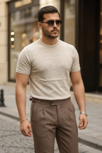 Erkek Basic Bisiklet Yaka Kısa Kollu Triko Tişört - %100 Pamuk Akrilik