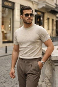 Erkek Basic Bisiklet Yaka Kısa Kollu Triko Tişört - %100 Pamuk Akrilik