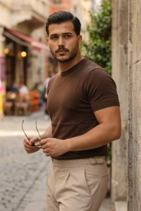 Erkek Basic Bisiklet Yaka Kısa Kollu Triko Tişört - %100 Pamuk Akrilik