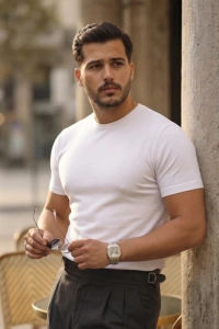 Erkek Basic Bisiklet Yaka Kısa Kollu Triko Tişört - %100 Pamuk Akrilik