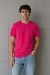 Erkek Basic Pamuklu Tişört Bisiklet Yaka Düz Renk Regular Fit T-Shirt - Fuşya