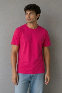 Erkek Basic Pamuklu Tişört Bisiklet Yaka Düz Renk Regular Fit T-Shirt - Fuşya
