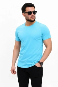 Erkek Basic Tişört Bisiklet Yaka Kısa Kol Günlük Yazlık Slim Fit T-Shirt - Açık Mavi