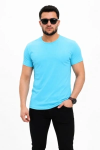 Erkek Basic Tişört Bisiklet Yaka Kısa Kol Günlük Yazlık Slim Fit T-Shirt - Açık Mavi