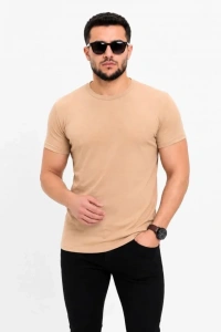 Erkek Basic Tişört Bisiklet Yaka Kısa Kol Günlük Yazlık Slim Fit T-Shirt - Bej