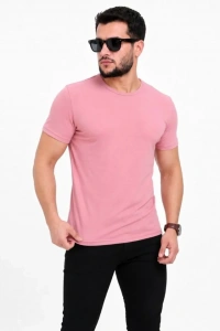 Erkek Basic Tişört Bisiklet Yaka Kısa Kol Günlük Yazlık Slim Fit T-Shirt - Pembe