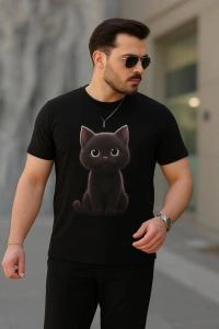 Erkek Bisiklet Yaka Kedi Baskılı Süprem T-shirt