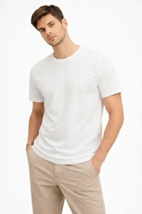 Erkek Bisiklet Yaka Tişört Regular Kalıp Basic Pamuklu Günlük Kullanım T-shirt - Beyaz