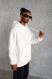 Erkek Düz Kapüşonlu Sweat - Beyaz