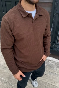 Erkek Fitilli Polar Sweatshirt – Düğmesiz Polo Yaka, Oversize Rahat Kalıp, Kalın Polar Kumaş, Kışlık Ve Baharlık Şık Günlük Üst - Kahverengi