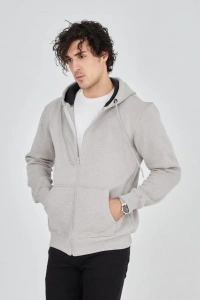 Erkek Kapüşonlu Düz Fermuarlı Hırka - Boyalı Gri