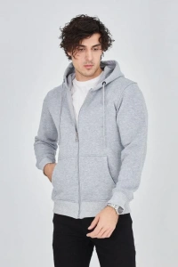 Erkek Kapüşonlu Düz Fermuarlı Hırka - Gri