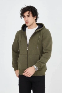 Erkek Kapüşonlu Düz Fermuarlı Hırka - Yeşil