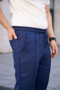 Erkek Keten Cepli Çıma Dikişli Jogger Buggy Pantalon Rahat Kalıp - Lacivert