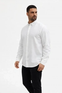 Erkek KETEN Kumaş Oversize Uzun Kollu Rahat Kalıp Gömlek - Beyaz