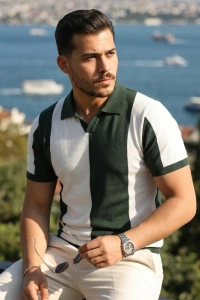Erkek Kısa Kollu Polo Yakalı Blok Desenli Triko Bluz