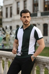 Erkek Kısa Kollu Polo Yakalı Blok Desenli Triko Bluz