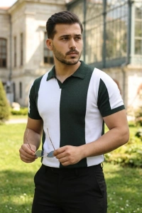 Erkek Kısa Kollu Polo Yakalı Blok Desenli Triko Bluz