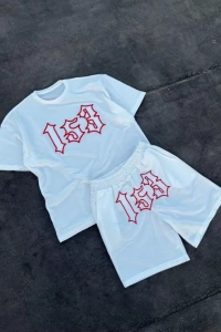 Erkek Nakış İşlemeli Şortlu Takım - Beyaz