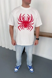 Erkek Örümcek Baskılı Tişört Kısa Kollu Bisiklet Yaka T-Shirt - Beyaz