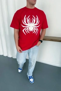 Erkek Örümcek Baskılı Tişört Kısa Kollu Bisiklet Yaka T-Shirt - Kırmızı
