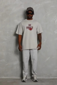 ERKEK Oversize Baskılı Bisiklet Yaka T-Shirt - Gri