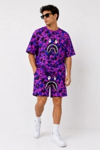 Erkek Oversize Kalıp Pubg Bape X Shark Nakışlı Cepli Şort Takım - Mor
