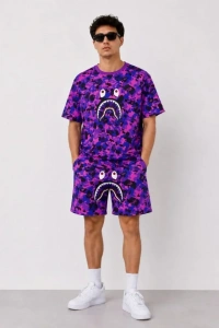 Erkek Oversize Kalıp Pubg Bape X Shark Nakışlı Cepli Şort Takım - Mor