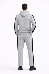 Erkek Şeritli Eşofman Takım Kapüşonlu Sweatshirt Boru Paça Alt, Oversize 3 Iplik Pamuklu - Gri