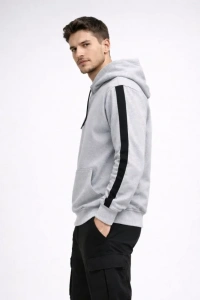 Erkek Şeritli Kapüşonlu Sweatshirt Oversize 3 Iplik Pamuklu - Beyaz