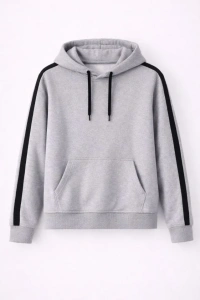 Erkek Şeritli Kapüşonlu Sweatshirt Oversize 3 Iplik Pamuklu - Gri