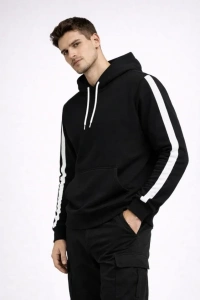 Erkek Şeritli Kapüşonlu Sweatshirt Oversize 3 Iplik Pamuklu - Siyah