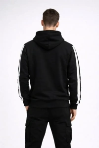 Erkek Şeritli Kapüşonlu Sweatshirt Oversize 3 Iplik Pamuklu - Siyah