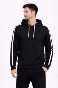 Erkek Şeritli Kapüşonlu Sweatshirt Oversize 3 Iplik Pamuklu - Siyah