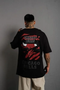 Erkek Sırt Baskılı A Kalite Oversize T-shirt - Siyah