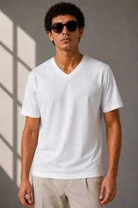 Erkek V Yaka Basic Tişört Kısa Kol Yazlık Regular Fit T-Shirt - Beyaz