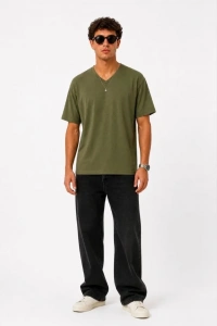 Erkek V Yaka Basic Tişört Kısa Kol Yazlık Regular Fit T-Shirt - Haki