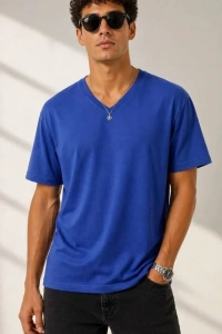 Erkek V Yaka Basic Tişört Kısa Kol Yazlık Regular Fit T-Shirt - Saks Mavisi
