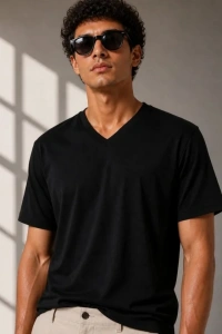 Erkek V Yaka Basic Tişört Kısa Kol Yazlık Regular Fit T-Shirt - Siyah
