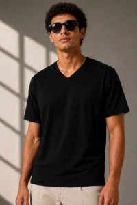 Erkek V Yaka Basic Tişört Kısa Kol Yazlık Regular Fit T-Shirt - Siyah