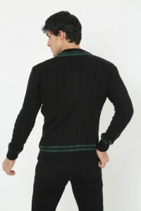 Erkek V Yaka Örgülü Kazak - Siyah