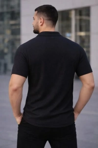 Erkek Waffle Kumaş Kısa Kollu Düğmeli Açık Yaka Regular Fit Gömlek - Siyah