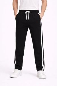 Erkek Yandan Şeritli Boru Paça Eşofman Altı 3 Iplik Pamuklu Eşofman - Siyah