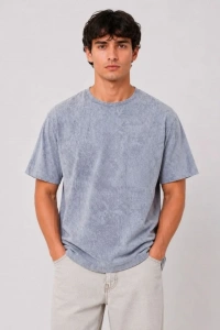Erkek Yıkamalı Washed Effect Tişört Bisiklet Yaka Sokak Stil Kısa Kol T-Shirt - Gri