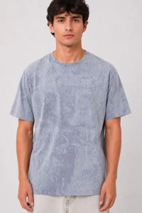 Erkek Yıkamalı Washed Effect Tişört Bisiklet Yaka Sokak Stil Kısa Kol T-Shirt - Gri
