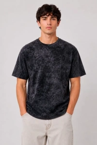 Erkek Yıkamalı Washed Effect Tişört Bisiklet Yaka Sokak Stil Kısa Kol T-Shirt - Siyah